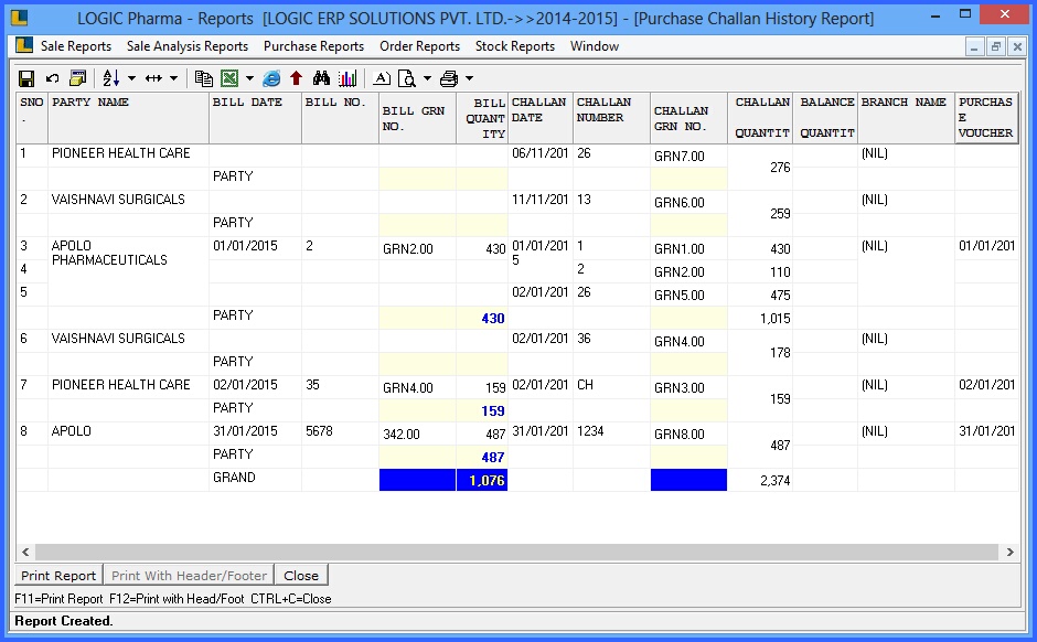 purchase challan history report